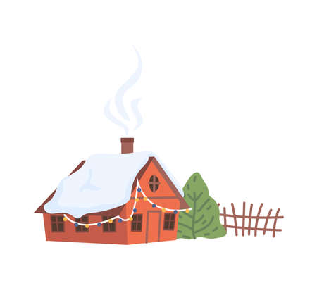 Christmas New Year winter village landscape element flat cartoon design icon. Vector cottage house and snow, fur trees and bushes, chalet decorated by garlandsのイラスト素材
