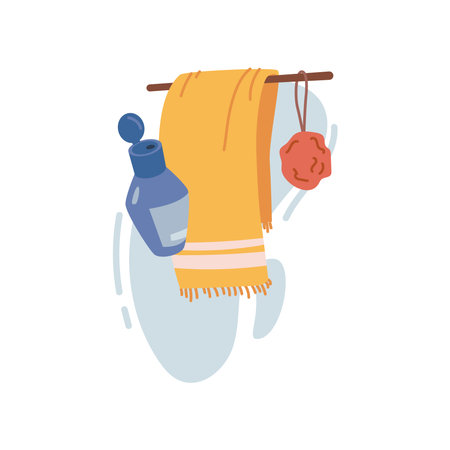 Products for hair care and treatment, isolated shampoo or lotion, towel and shower sponge. Hygiene and washing supplies in bathroom. Vector in flat styleのイラスト素材