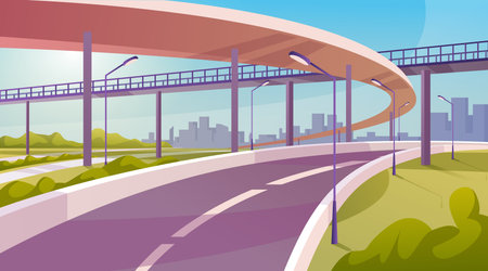 Traffic road or communication between cities. Highway with bridge and passage for pedestrians. Lanterns and greenery on sideways. Vector in flat cartoon styleのイラスト素材