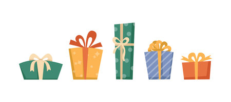 Gifts and presents for holiday celebration and special occasions. Isolated birthday or anniversary box with wrapping paper and ribbon bow. Vector in flat cartoon styleのイラスト素材