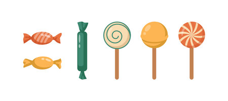 Sweets and dessert, isolated lollipops on sticks. Candies with chocolate and caramel. Shop or grocery store with assortment. Vector in flat cartoon styleのイラスト素材