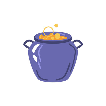 Witchcraft and occult practice, isolated cauldron with boiling hot magic potion or spell. Enchanting or poisoning, witch brewery. Vector in flat cartoon styleのイラスト素材