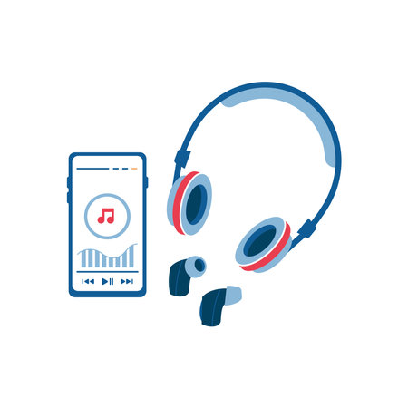 Listening to music using smartphone streaming services, wireless headphones. Online compositions and songs on go. Vector in flat cartoon styleのイラスト素材