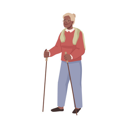 Elderly female character with sticks practicing Nordic walking exercises for improving health and staying active. Senior woman personage. Vector in flat cartoon styleのイラスト素材