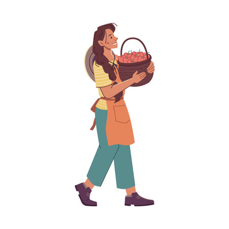 Farmer carrying basket filled with ripe organic and natural apples. Isolated woman, female character in apron harvesting returning from field. Vector in flat cartoon styleのイラスト素材