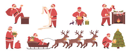 Christmas characters, isolated Santa Claus personage with presents. Saint Nicolas reading list of kids wishes. Reindeers and carriage. Vector in flat cartoon styleのイラスト素材