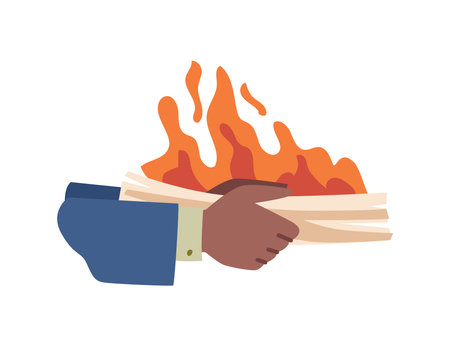 Business report in fire, urgent burning work. Isolated pile of papers in hands, burning pages with flames. Deadlines and problems with completion. Vector in flat styleのイラスト素材