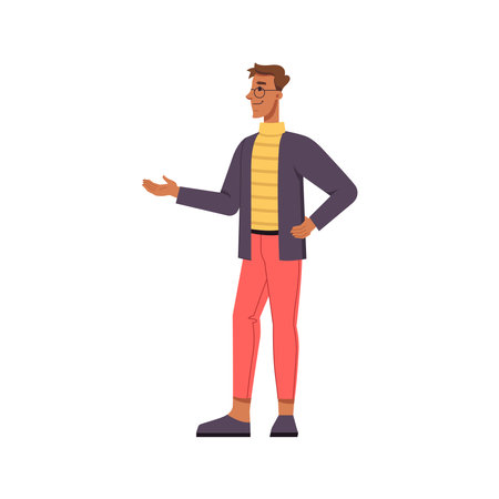 Presentation or business meeting, isolated man pointing with hand and looking in distance. Guide in museum or exhibition. Flat cartoon character, vector in flat styleのイラスト素材