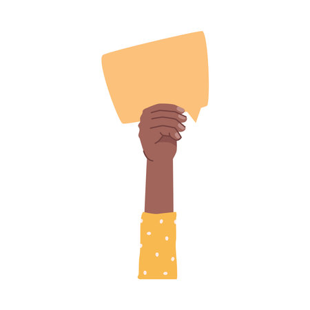 People expressing different thoughts and opinions by raising placard, banner and thought bubble card. International character, hand showing blank paper. Vector in flat style illustrationのイラスト素材