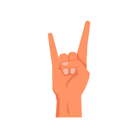 Hand gesture demonstration, isolated sign of horns. Nonverbal language communication, symbol of music rock n roll and musical fans. Vector in flat styleのイラスト素材
