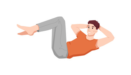 Teenager doing press exercises to grow muscles and strengthen body. Isolated male character working out at home, beginner program. Vector in flat cartoon styleのイラスト素材