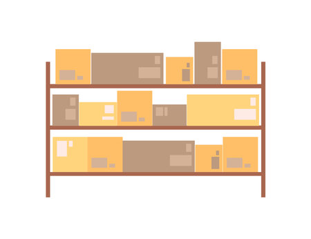Shelves with parcels in warehouse, isolated logistics and shipping of products, goods and items. Transportation and storage. Vector in flat cartoon styleのイラスト素材