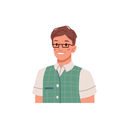 Smiling preteen boy avatar or portrait. Isolated child wearing glasses, school student. Cheerful teenager with content on face. Vector in flat cartoon styleのイラスト素材