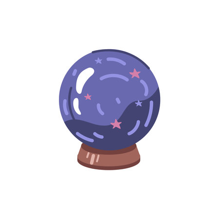 Predicting future with magic bauble or ball showing events. Isolated witchcraft items on pedestal. Vintage decor or artifact. Vector in flat cartoon styleのイラスト素材