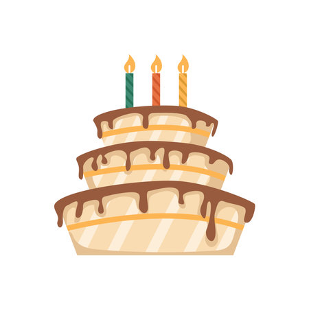 Chocolate cake for birthday, isolated dessert with glaze or topping and burning candles. Celebration of holiday, sweets and desserts. Vector in flat cartoon styleのイラスト素材