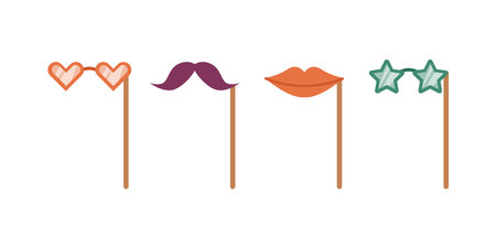 Mustache and heart shaped eyes, lips and star glasses, isolated part or holiday decoration. Masks for disguise and having fun. Vector in flat cartoon styleのイラスト素材