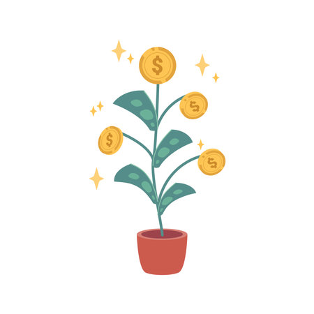 Money tree with banknotes as leaves and coins resembling berries. Isolated plant, investment and financial stability, profit. Vector in flat cartoon styleのイラスト素材