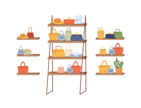Shop or women fashion boutiques with latest stylish handbags and accessories for apparels and outfits. Shopping mall or stores. Vector in flat cartoon styleのイラスト素材