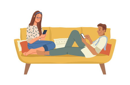 Couple sitting on couch playing on smartphones, reading news, chatting or watching videos. Phone and internet addition in family. Vector in flat cartoon styleのイラスト素材