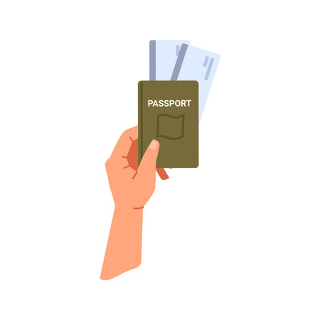 Hand holding passport with flight tickets. Isolated arm with documents for traveling and adventures, journey and tourism. Vector in flat cartoon styleのイラスト素材