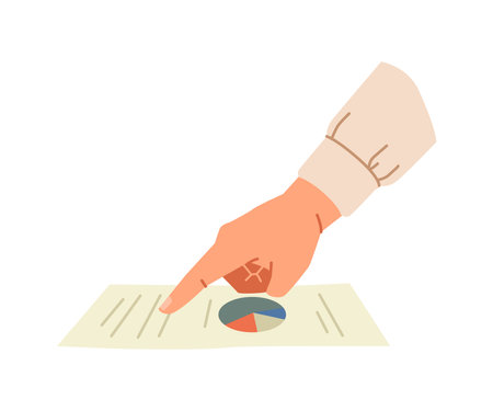 Business person pointing or showing statistics or analysis on document. Isolated businessman dealing with official reports and documentation. Vector in flat styleのイラスト素材