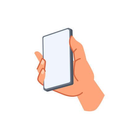 Smartphone with blank screen, isolated hand holding and showing touchscreen of mobile phone. Empty copy space for text mockup. Vector in flat cartoon styleのイラスト素材