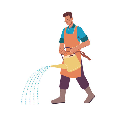 Farmer watering soil from can, farming and gardening, tending crops and plants. Isolated male character in apron, agriculture. Vector in flat cartoon styleのイラスト素材