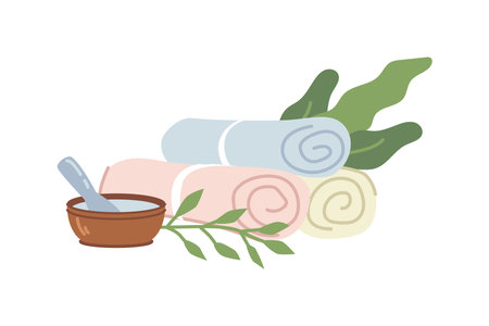 Spa salon products and treatment procedures. Isolated towels in rolls, bowl with scented water for hand or feet bath. Vector in flat cartoon style illustrationのイラスト素材