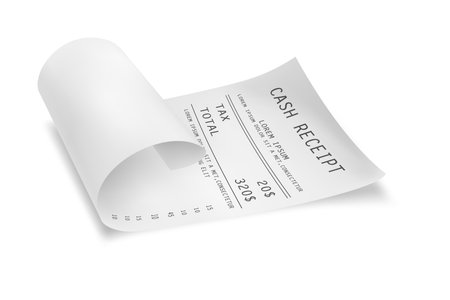 Cash register sale receipt printed on rolled paper. Realistic financial atm transaction check icon vector illustration. Cash receipt from supermarketのイラスト素材