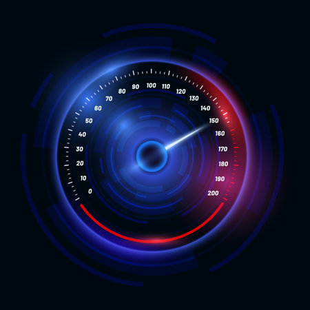 Speedometer indicator, digital odometer display technology for racing game. Fast or slow internet connection speed meter stage. Vector illustration of automobile power meterのイラスト素材