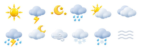 Weather conditions and various forecast icons. Isolated sunshine and thunderbolts, heavy rain and fog, wind and blizzard. Vector in 3d, realistic style. Rainy and sunny weather, clouds and mistのイラスト素材