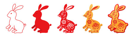 Rabbit paper cuts and sitting hare line, paper cuts for CNY animals set. Bunny with floral ornaments, lotus and foliage asian motif. Chinese New Year symbol. Vector in flat style illustrationのイラスト素材
