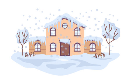 Snowfall or heavy blizzard, natural disasters and catastrophes caused by climate change. Mass of snow and ice on house roof and street. Vector in flat styleのイラスト素材