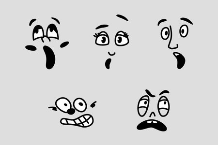 Facial expression of cartoon character, isolated faces with eyes, nose and mouths. Surprised or amazed look, emoticon or emoji, scared. Vector in flat styleのイラスト素材
