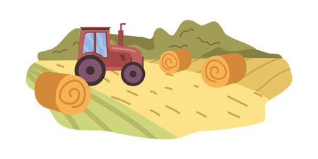 Field with hay bales, land with farming tractor transporting dry straw. Agriculture and working at farm. Natural renewable resources. Vector in flat styleのイラスト素材