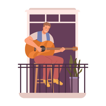 Musician playing guitar sitting on balcony at home. Man with musical instrument giving performance for neighbors. Cartoon character, vector in flat styleのイラスト素材