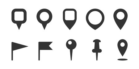 Geolocation pins and pints for tourist app. Isolated silhouette icons of location and flag. Minimalist monochrome locator. Vector in flat style illustrationのイラスト素材