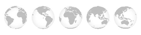 World map with continents, land and water mass monochrome. Isolated icons of Earth globes with digital dots and lines. Geography vector 3d realistic styleのイラスト素材
