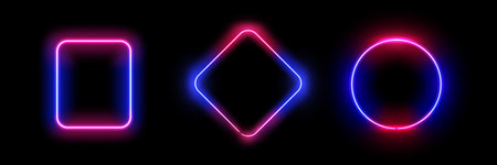Square and rhombus, circle, neon frames with empty space inside. Borders with glowing lines, highlighting and catching attention. Vector in realistic styleのイラスト素材