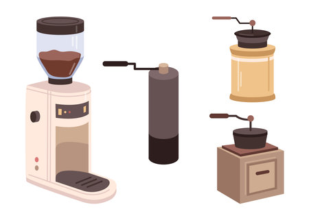 Electric and manual coffee grinders, isolated appliances and equipment for cafes and restaurants. Box for beans, handle for operating, machines set. Vector in flat styleのイラスト素材