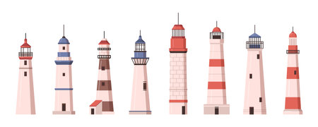 Lighthouse and beacon tall brick tower with light to warm or guide vessels and ships in sea. Architecture and construction by shore. Vector in flat styleのイラスト素材