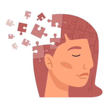 Health problems and puzzles, solving issues with help of psychology therapy and professional assistance. Mindfulness and balance. Vector in flat styleのイラスト素材