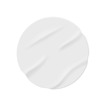 Rounded empty colorless sticker made of paper. Isolated wrinkled and glued piece in shape of circle, mockup with copy space. Vector in realistic styleのイラスト素材