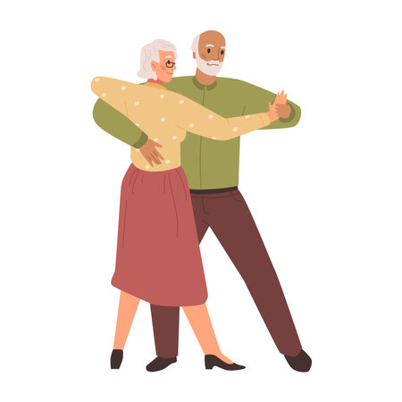 Active grandmother and grandfather dancing, isolated senior man and woman practicing dance movements in pair. Elderly characters leisure and hobby. Vector in flat styleのイラスト素材