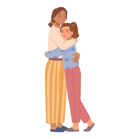 Mom comforting and cheering up crying daughter with tears on cheeks. Isolated mother and teenager girl cuddling, mother calming down teen. Vector in flat styleのイラスト素材