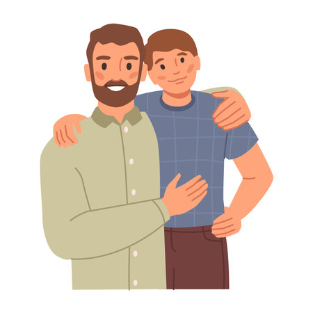 Father cuddling kid, isolated dad hugging teenage boy. Parent proud of child, happy family moments and relationships. Vector in flat style illustrationのイラスト素材