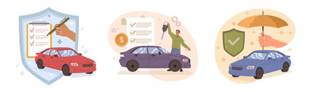Insurance policy for vehicle, security and safety for property. Isolated cars and signed agreement between owner and agent from company. Vector in flat styleのイラスト素材