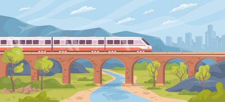 Traveling by train through nature landscape. Old brick bridge and river, transportation and tourism. Means of commuting. Flat cartoon, vector illustrationのイラスト素材