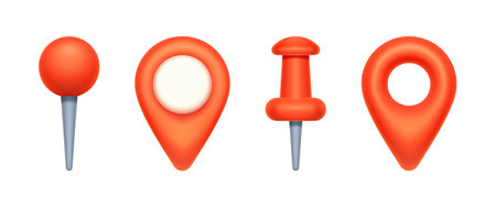 Pointers for maps, online or paper maps. Isolated realistic icons for application with navigation. Pins and traditional place symbol. 3d style vector illustrationのイラスト素材