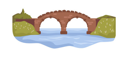 Old brick bridge above river stream. Viaduct and aqueduct connecting lands or banks. Ancient architecture and city infrastructure. Vector in flat styleのイラスト素材